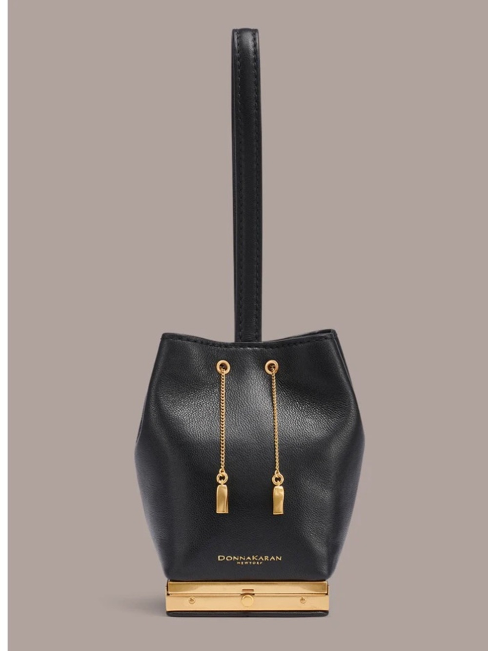 Donna Karan Black Sisal Leather Drawstring Clutch with Mirror